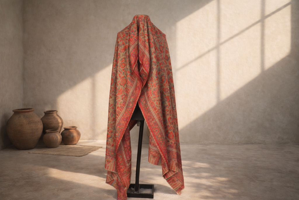 Authentic Toosh Khadi Shawl - Beige Base with Vibrant Red and Teal Florals