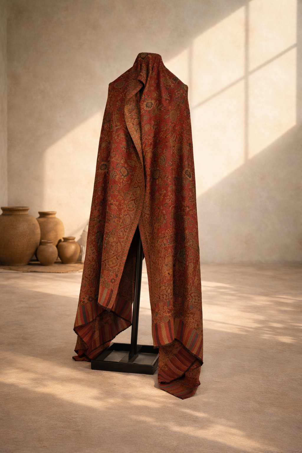 Authentic Toosh Khadi Shawl - Beige Base with Rich, Dark Floral Weave