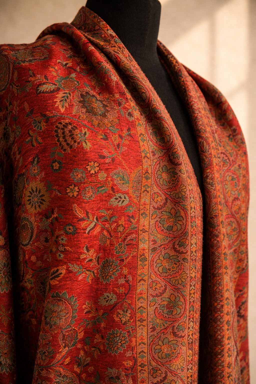 Authentic Toosh Khadi Shawl - Beige Base with Rich, Dark Floral Weave