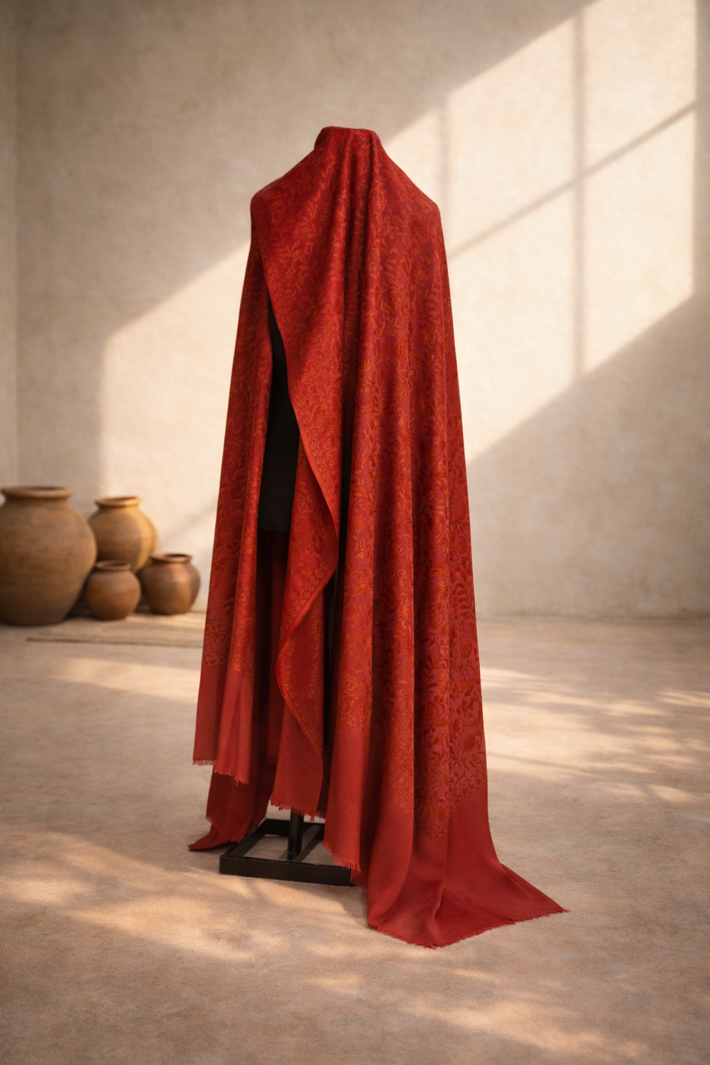 Authentic Pashmina Swati Khadi Shawl - Radiant Red on Red Heritage Weave