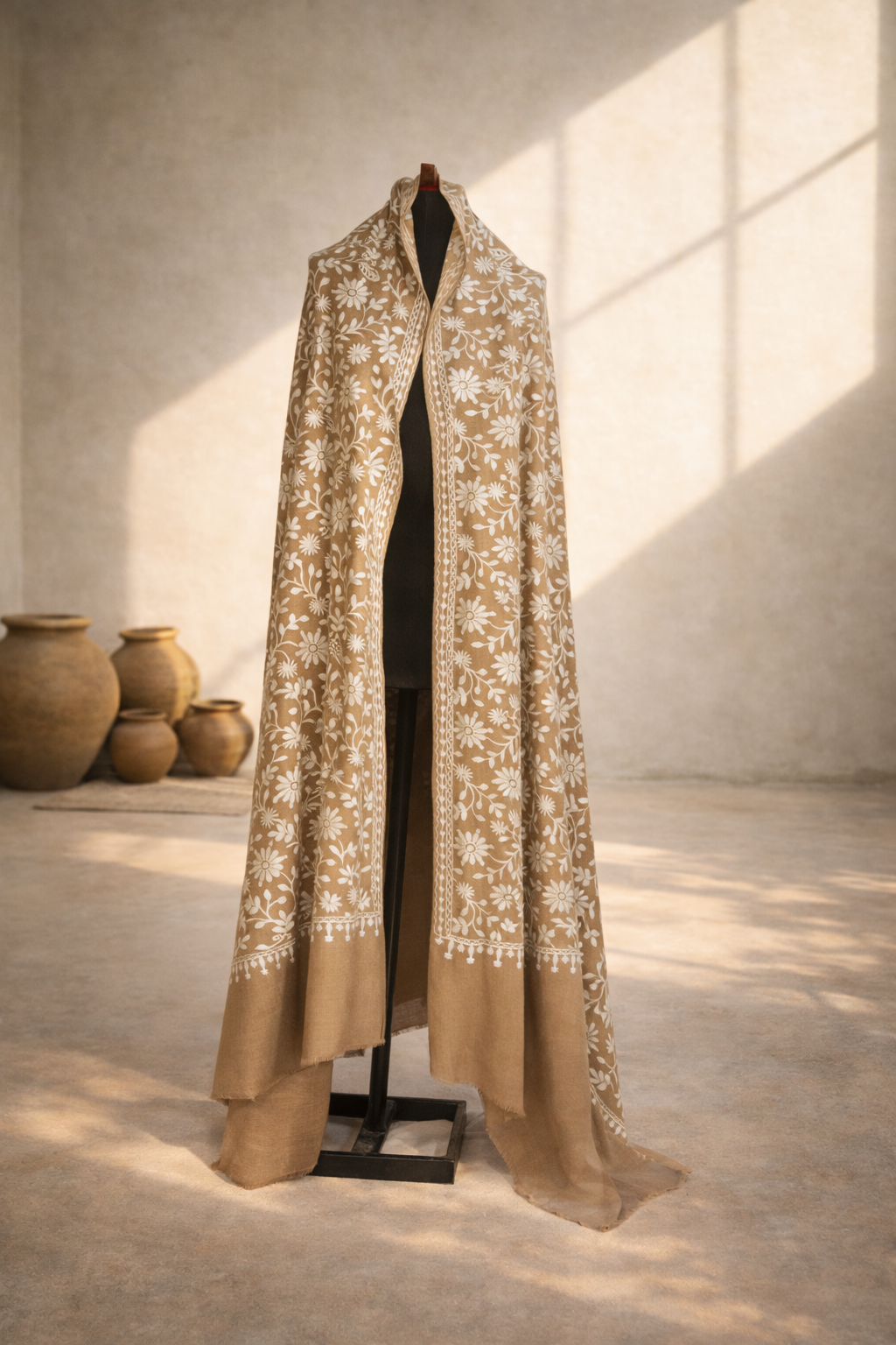 Authentic Pashmina Swati Khadi Shawl - Earthy Khaki with Mint Green Swati Work