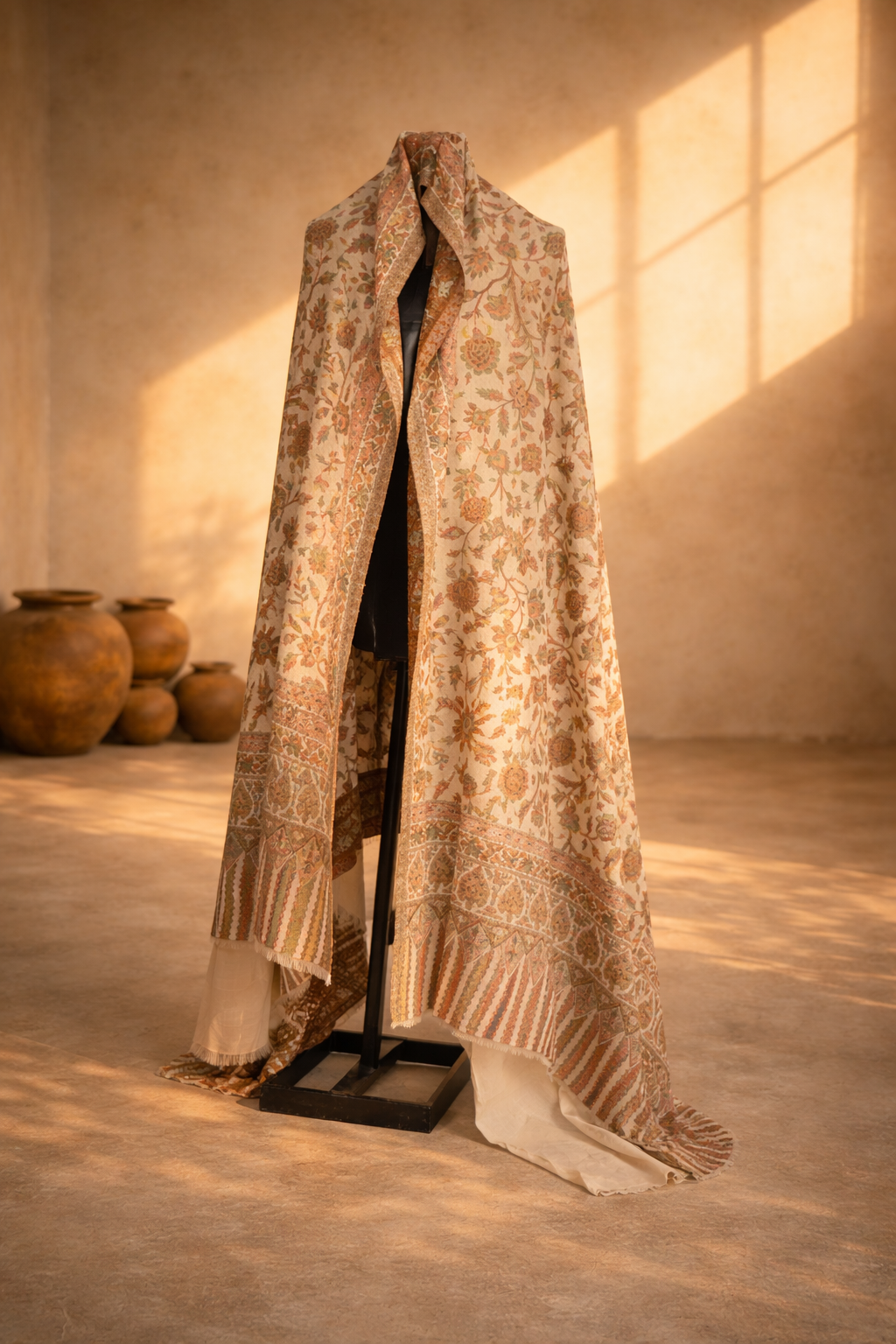 Authentic Toosh Khadi Shawl - Beige Base with Vibrant Multicolored Florals