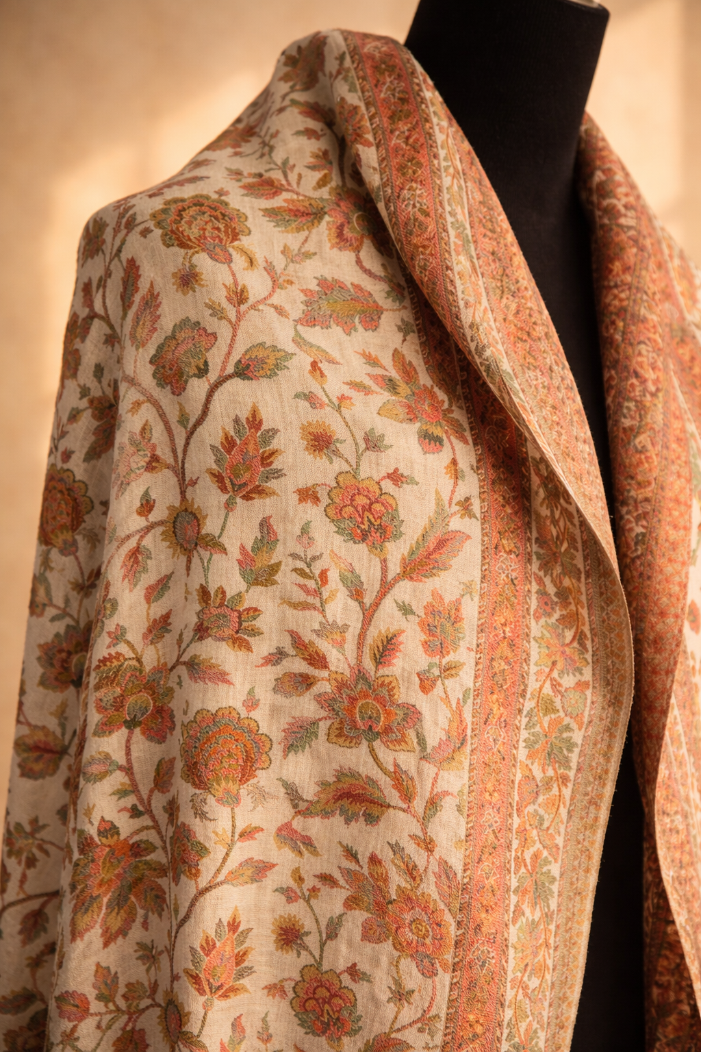 Authentic Toosh Khadi Shawl - Beige Base with Vibrant Multicolored Florals