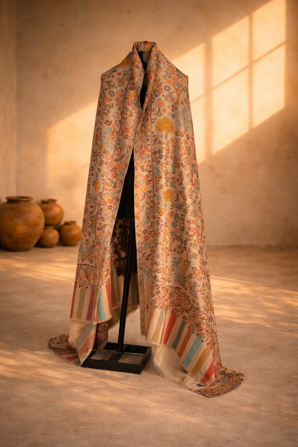 Authentic Toosh Khadi Shawl - Beige Base with Blue and Crimson Floral Weave