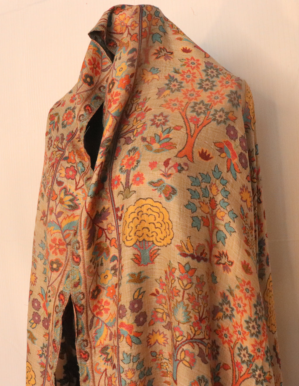 Authentic Toosh Khadi Shawl - Beige Base with Blue and Crimson Floral Weave