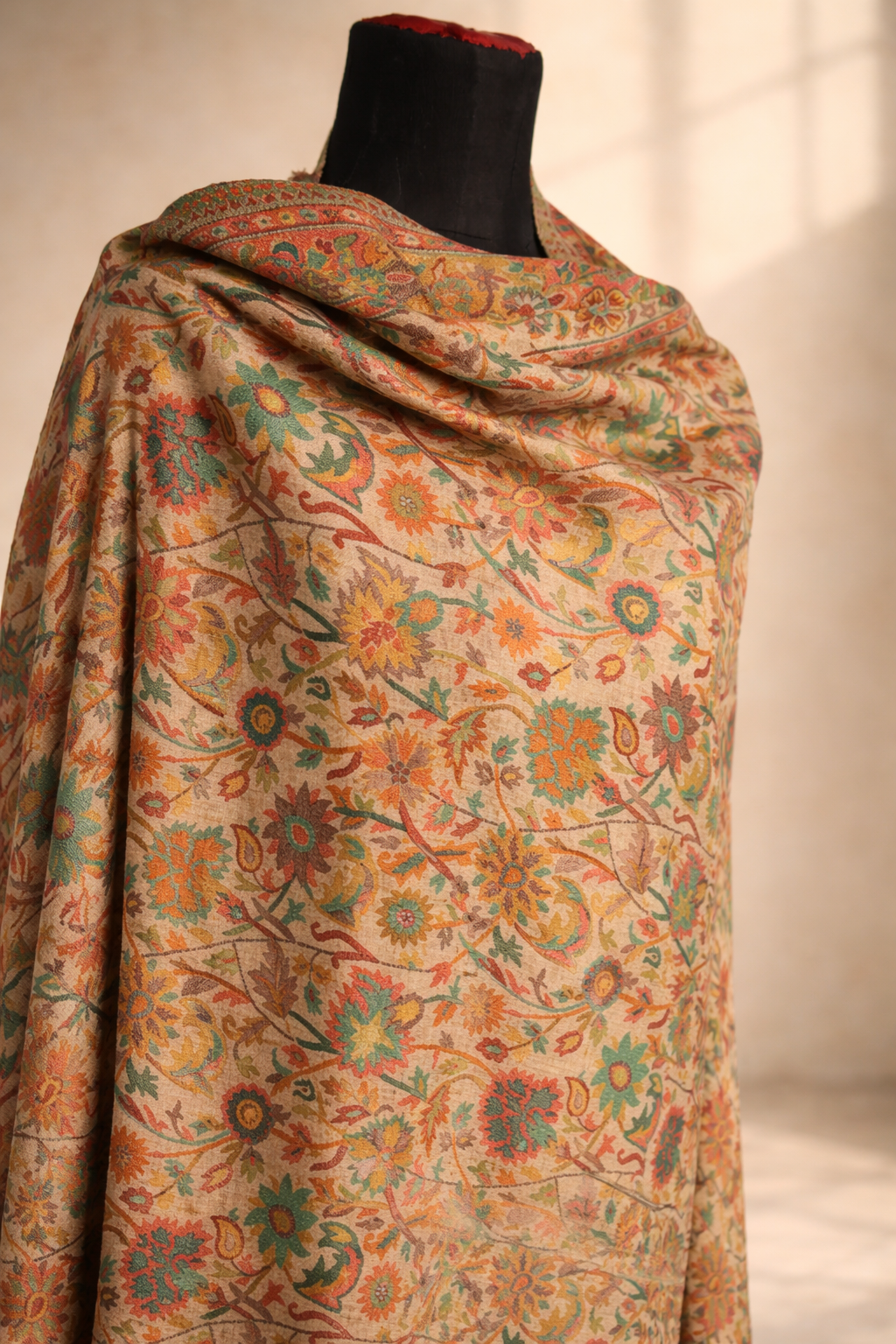Authentic Toosh Khadi Shawl - Deep Beige with Striking Amber and Crimson Paisley