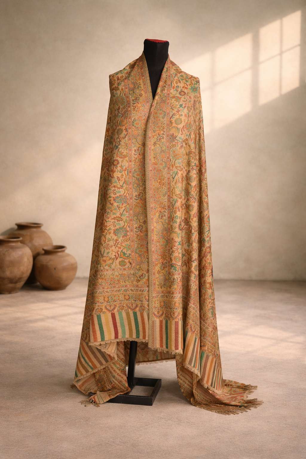 Authentic Toosh Khadi Shawl - Deep Beige with Striking Amber and Crimson Paisley