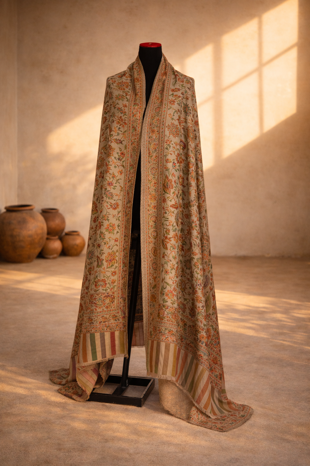 Authentic Toosh Khadi Shawl - Beige Base with Deep Jewel-Toned Florals
