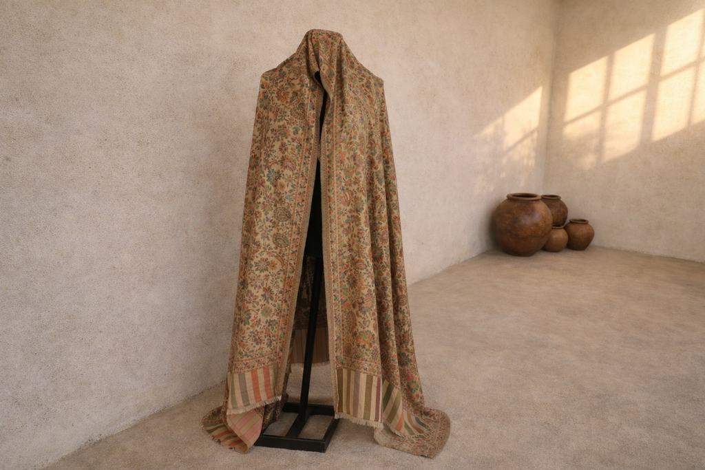 Authentic Toosh Khadi Shawl - Beige Base with Sage and Terracotta Florals
