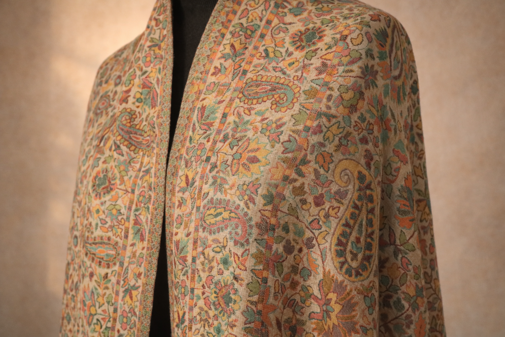 Authentic Toosh Khadi Shawl - Beige Base with Sage and Terracotta Florals