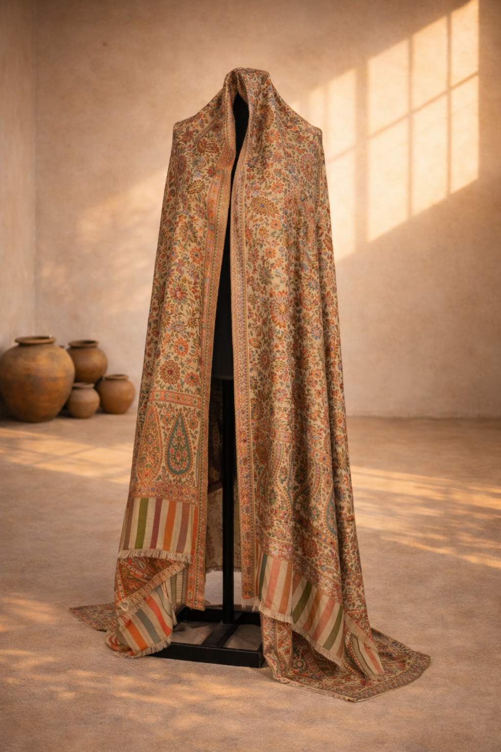 Authentic Toosh Khadi Shawl - Beige with Intricate Red Floral Tapestry