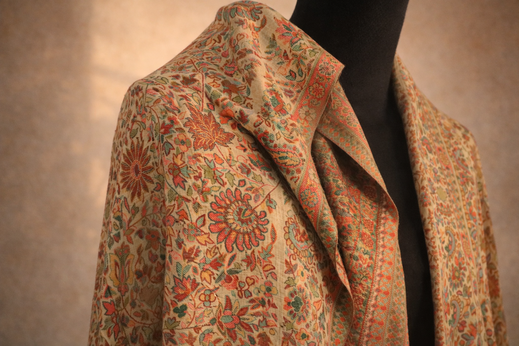 Authentic Toosh Khadi Shawl - Beige with Intricate Red Floral Tapestry