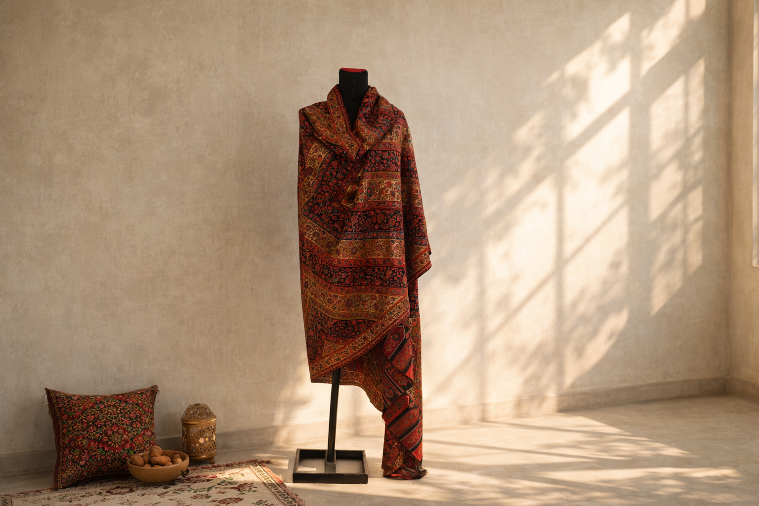 Authentic Kani Toosh Shawl - Beige, Black with Crimson & Gold Florals