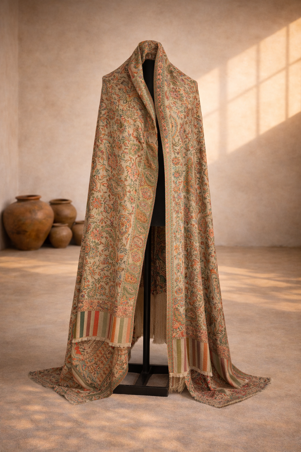 Authentic Toosh Khadi Shawl - Warm Beige with Traditional Crimson and Olive Weave