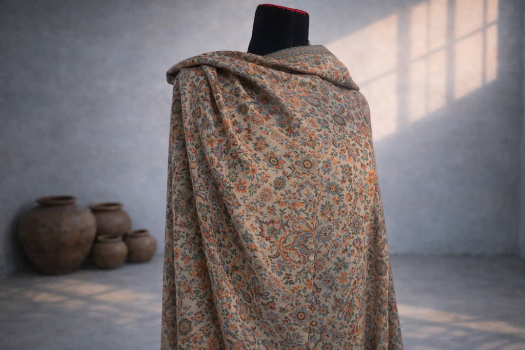Authentic Toosh Khadi Shawl - Beige Base with Rich Multicolored Floral Tapestry