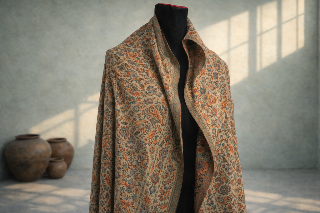 Authentic Toosh Khadi Shawl - Beige Base with Rich Multicolored Floral Tapestry