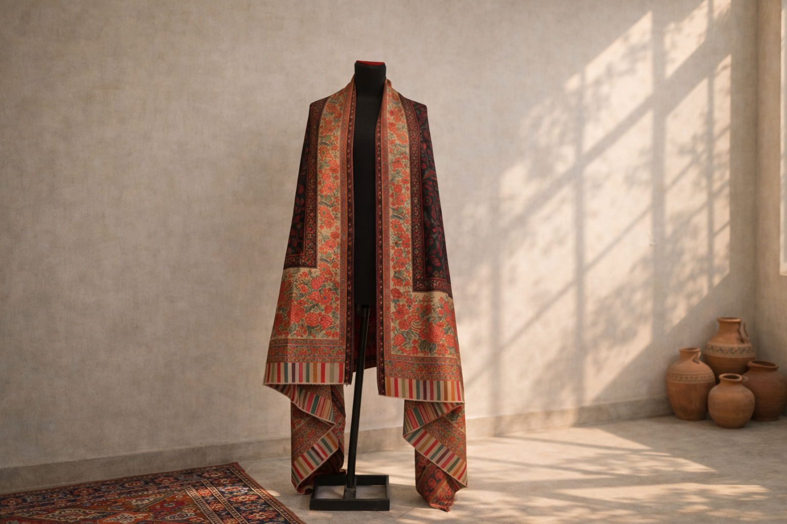 Authentic Kani Toosh Shawl - Black with Rich Gold Kani Border