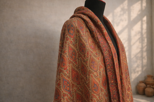 Authentic Kani Toosh Shawl - Beige Base with Rust Red Paisley Motifs