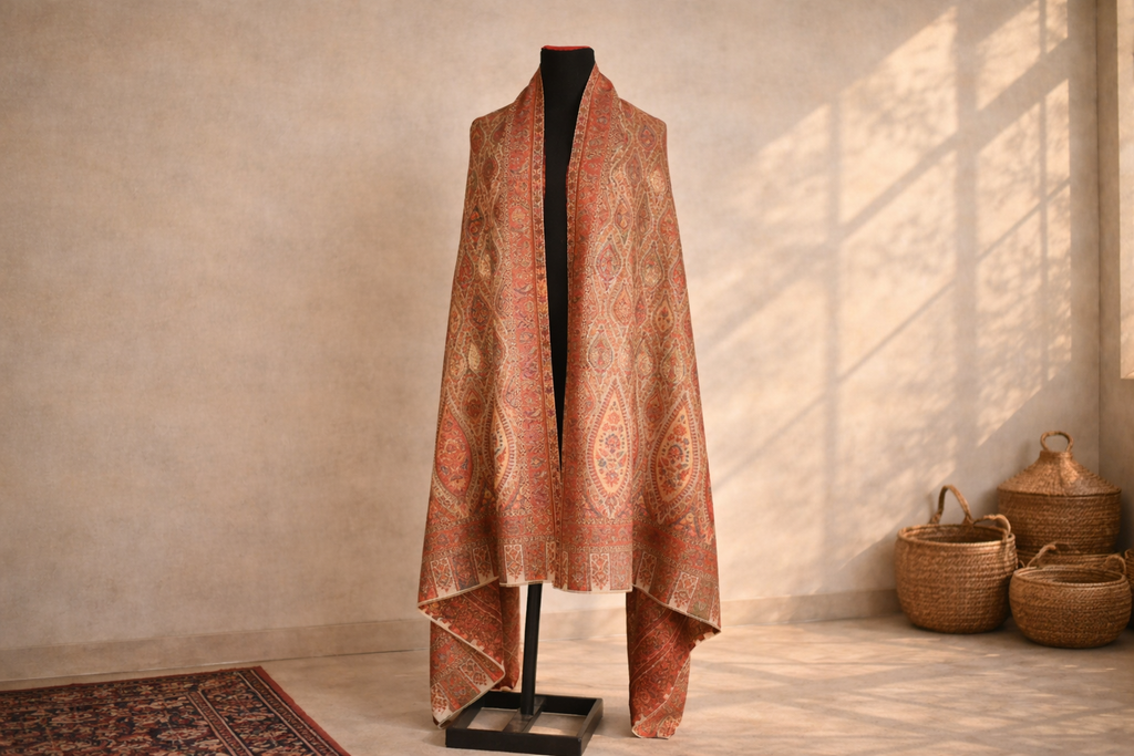 Authentic Kani Toosh Shawl - Light Beige with Coral Pink Paisley