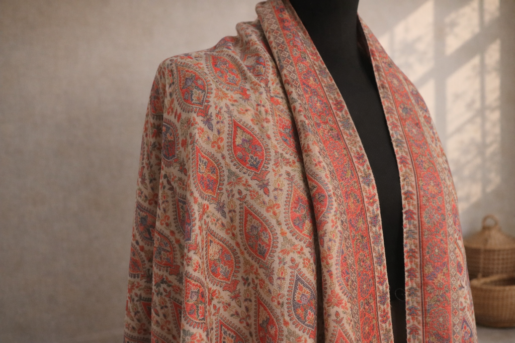 Authentic Kani Toosh Shawl - Light Beige with Coral Pink Paisley