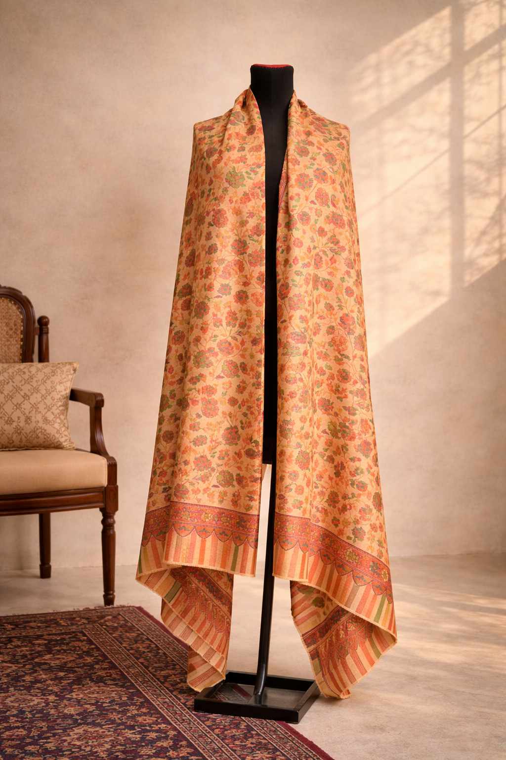 Authentic Toosh Khadi Shawl - Beige Base with Bright Orange and Peach Florals