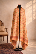 Authentic Toosh Khadi Shawl - Beige Base with Bright Orange and Peach Florals