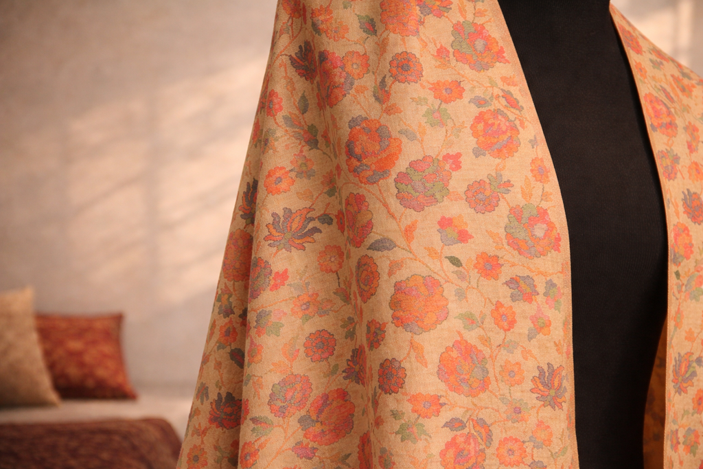 Authentic Toosh Khadi Shawl - Beige Base with Bright Orange and Peach Florals