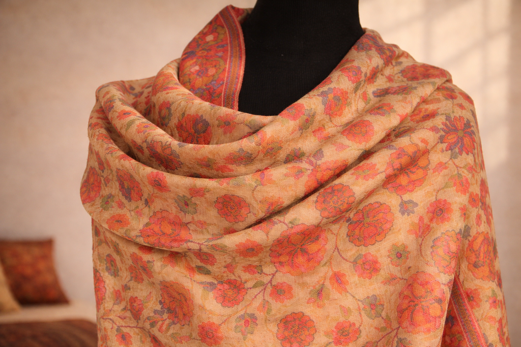 Authentic Toosh Khadi Shawl - Beige Base with Bright Orange and Peach Florals