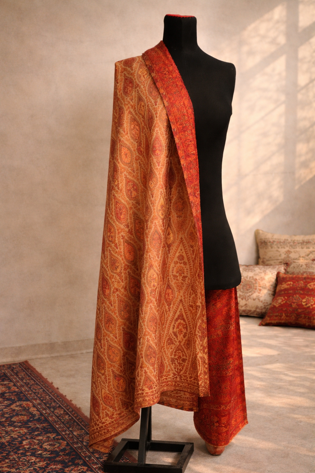 Authentic Kani Toosh Shawl - Beige with Deep Crimson and Gold Floral Stripes