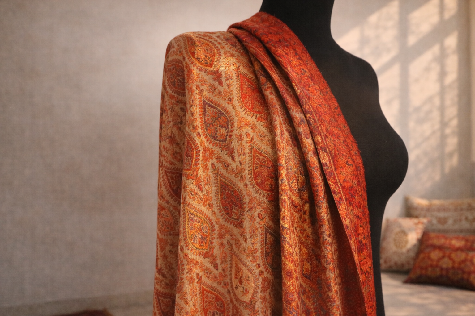 Authentic Kani Toosh Shawl - Beige with Deep Crimson and Gold Floral Stripes