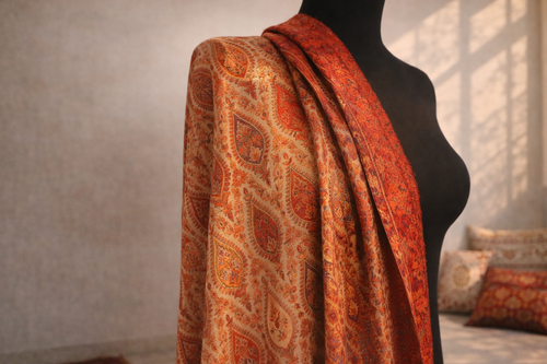 Authentic Kani Toosh Shawl - Beige with Deep Crimson and Gold Floral Stripes