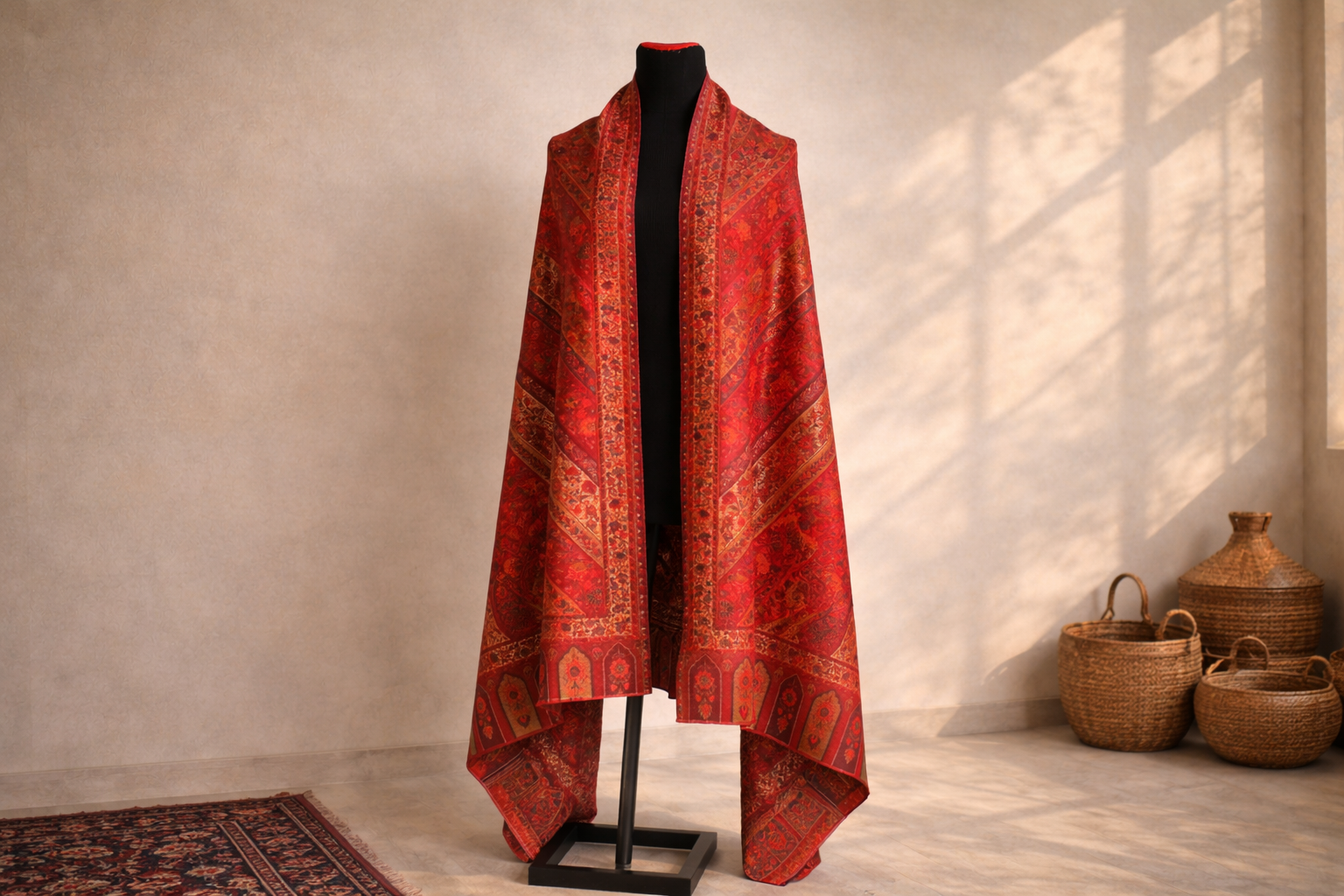Authentic Kani Toosh Shawl - Beige with Deep Crimson and Gold Floral Stripes