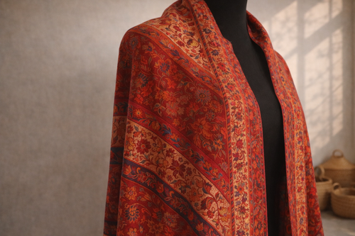 Authentic Kani Toosh Shawl - Beige with Deep Crimson and Gold Floral Stripes