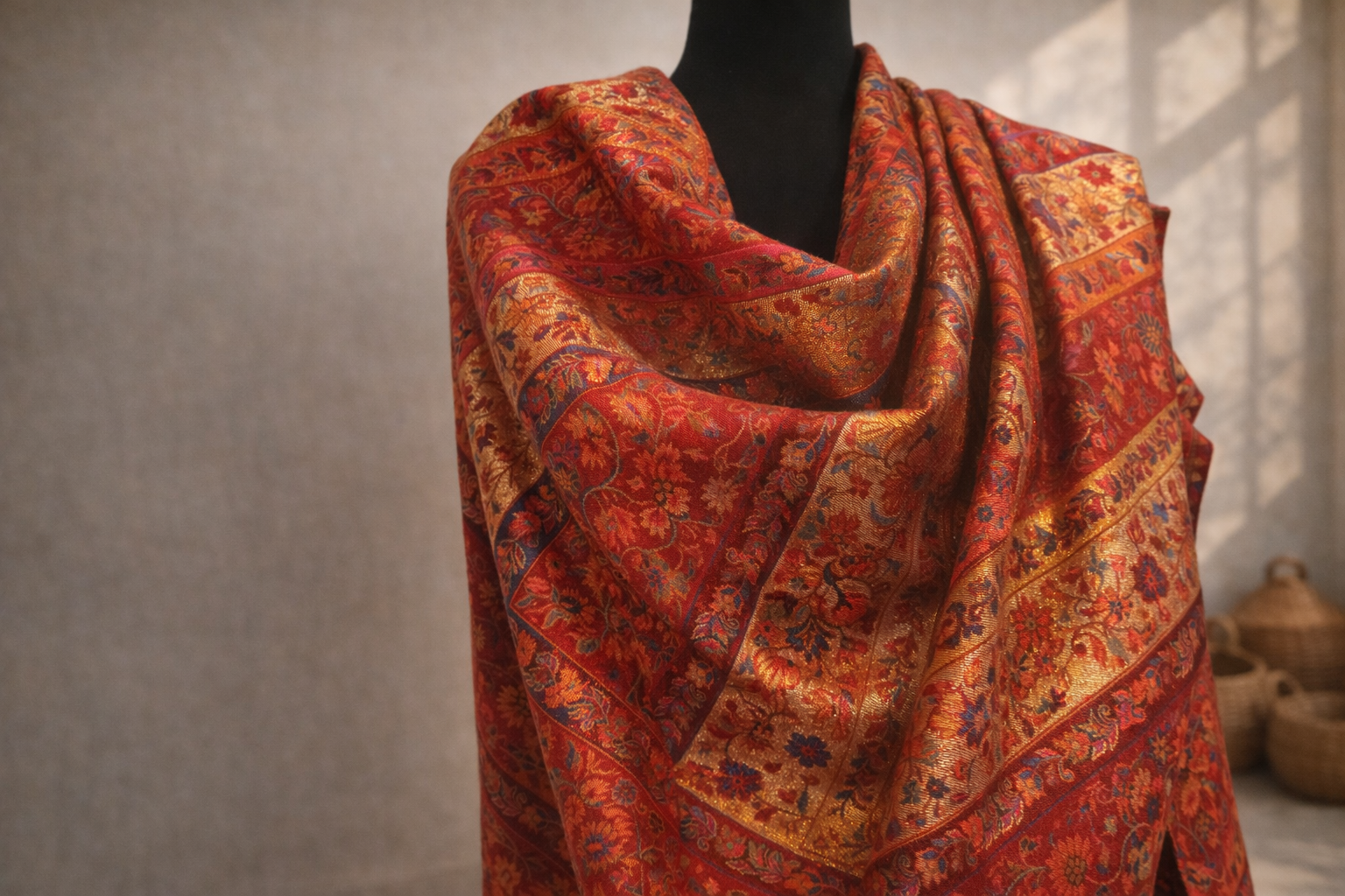 Authentic Kani Toosh Shawl - Beige with Deep Crimson and Gold Floral Stripes