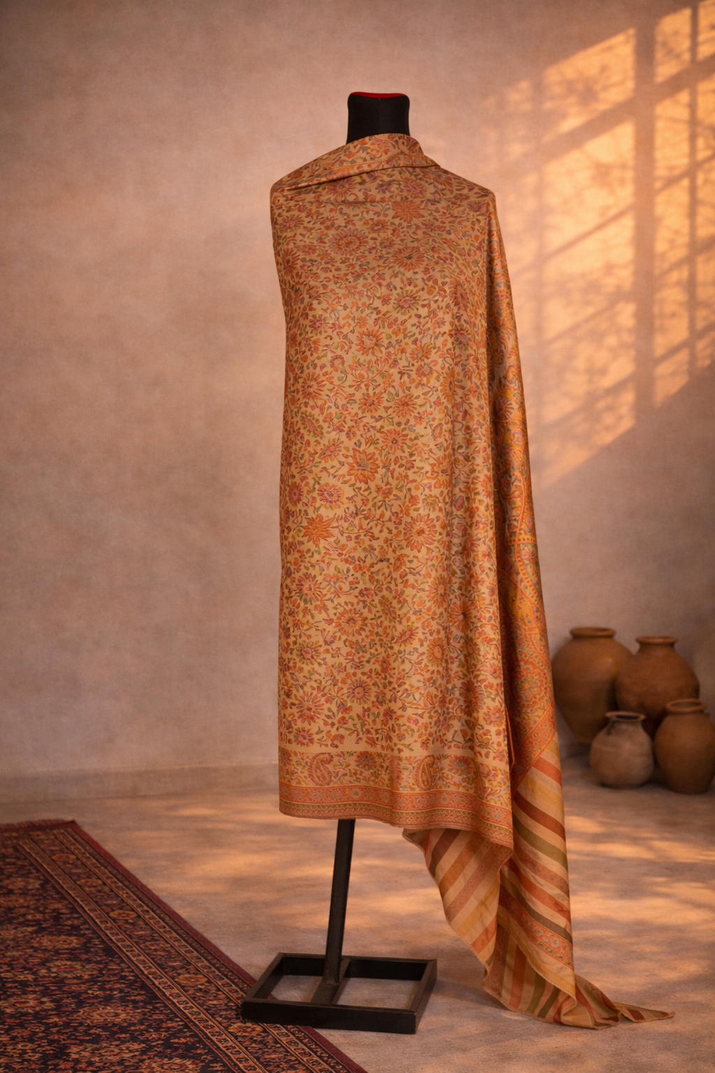 Authentic Toosh Khadi Shawl - Warm Beige with Vibrant Earth-Toned Tapestry
