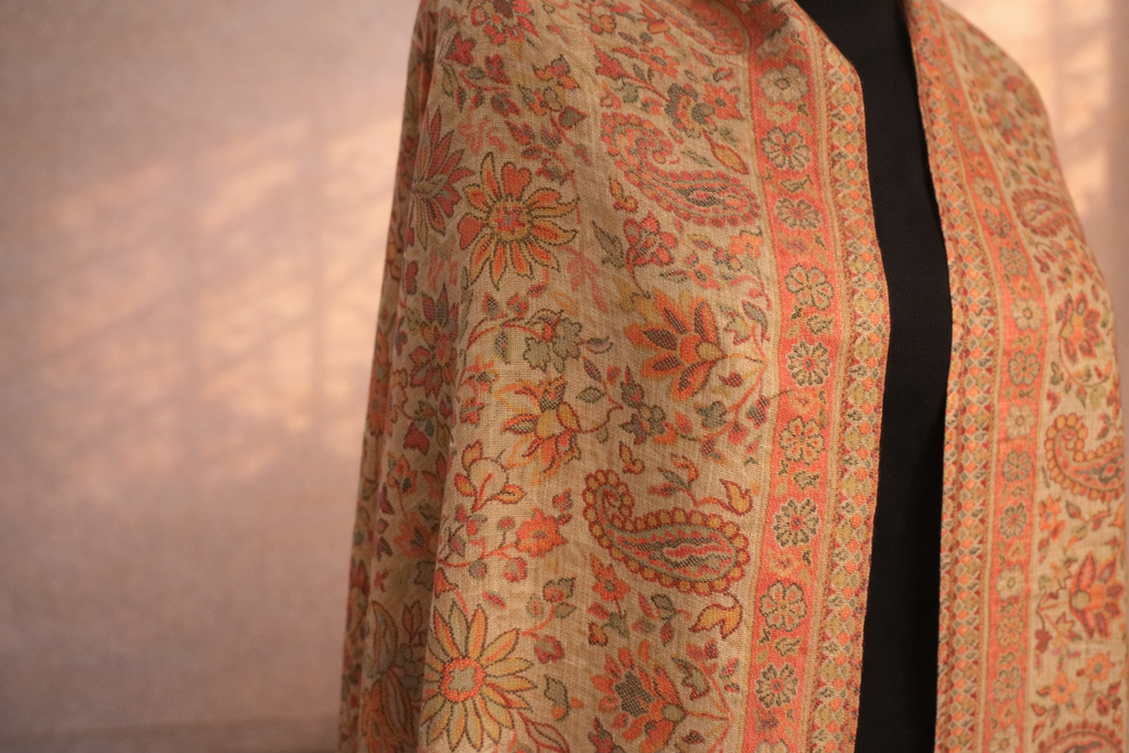 Authentic Toosh Khadi Shawl - Warm Beige with Vibrant Earth-Toned Tapestry