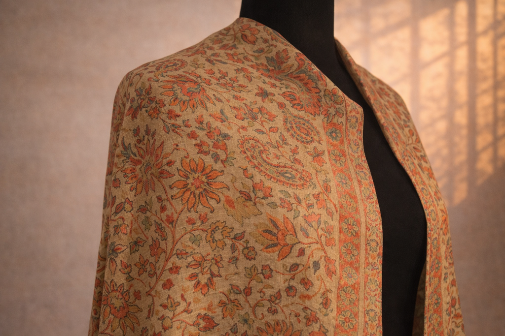 Authentic Toosh Khadi Shawl - Warm Beige with Vibrant Earth-Toned Tapestry