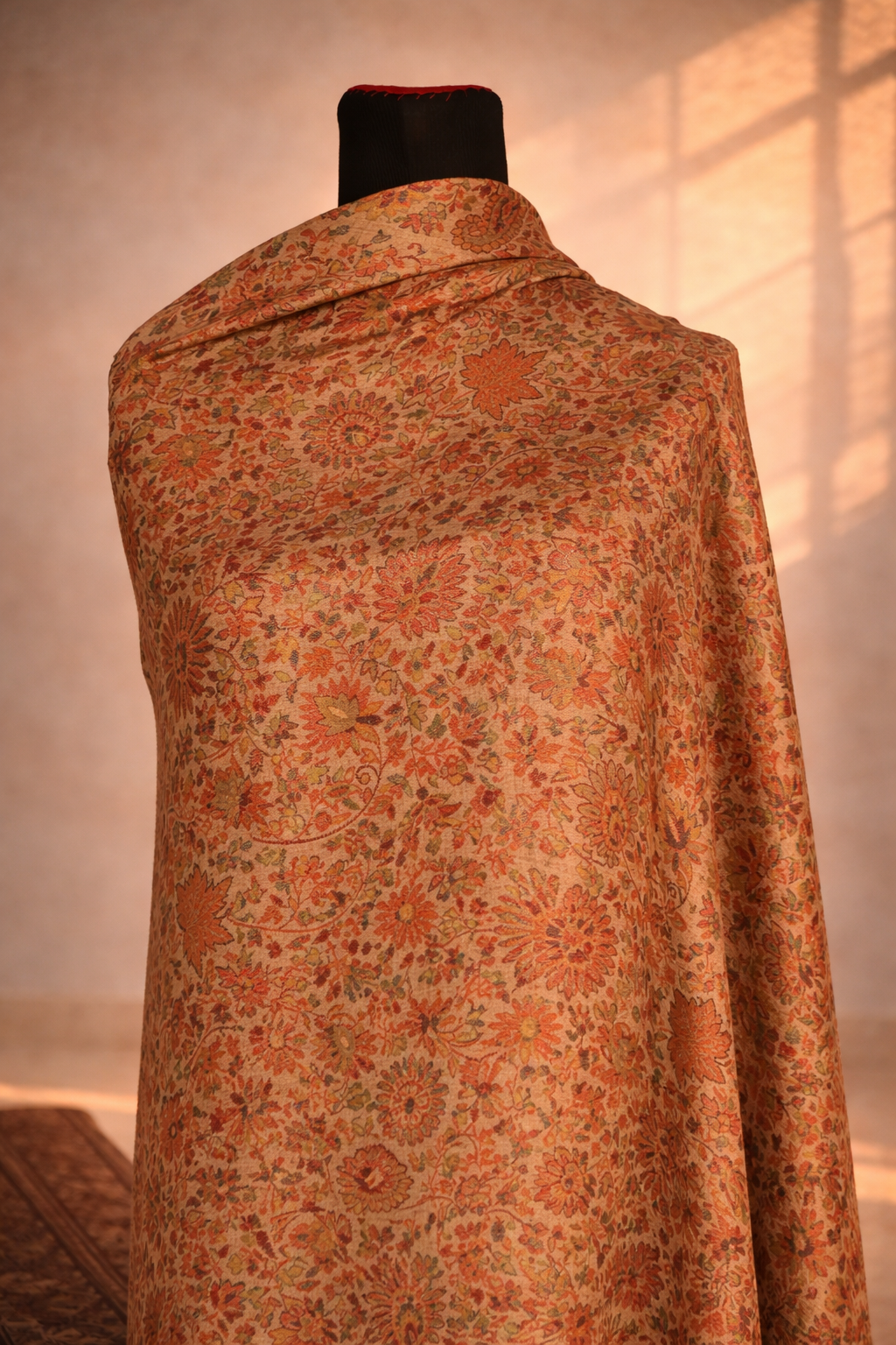 Authentic Toosh Khadi Shawl - Warm Beige with Vibrant Earth-Toned Tapestry