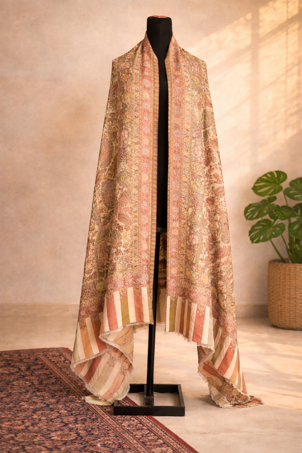 Authentic Toosh Khadi Shawl - Very Light Beige Base with Soft Coral and Green Paisley
