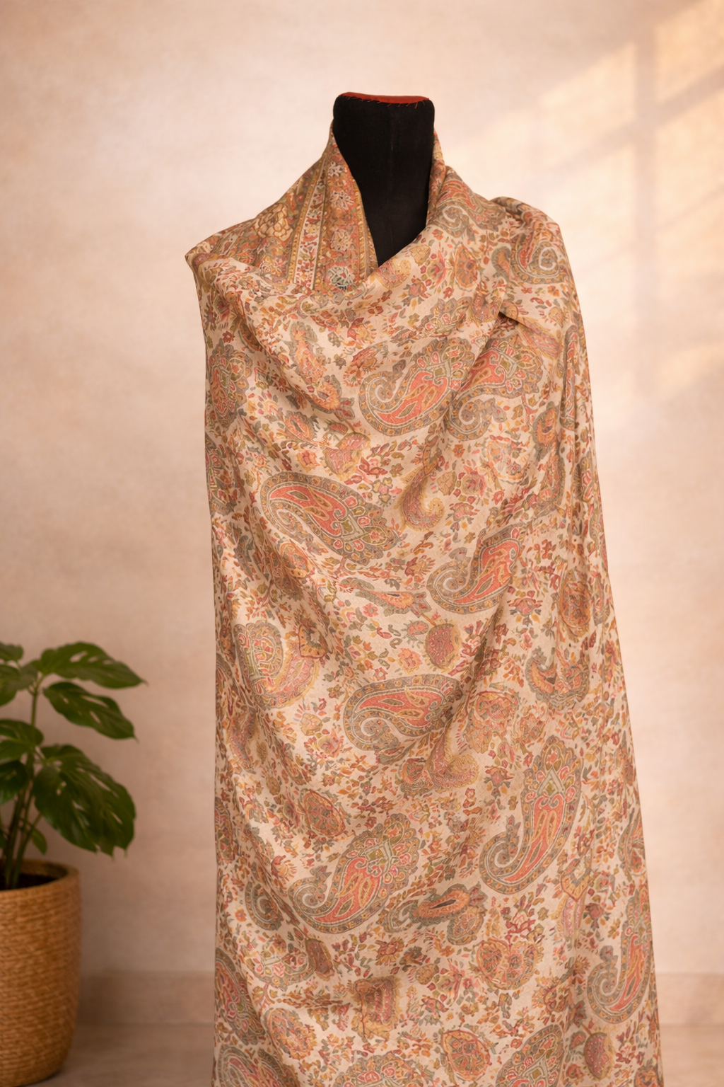 Authentic Toosh Khadi Shawl - Very Light Beige Base with Soft Coral and Green Paisley